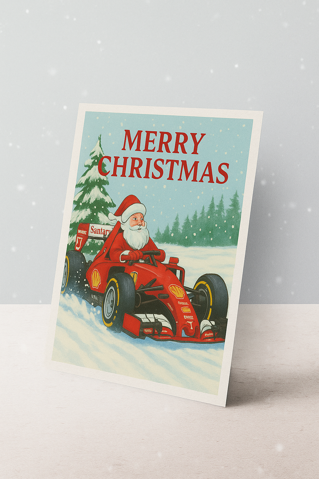 Classic F1 Christmas Card – Santa Driving Ferrari