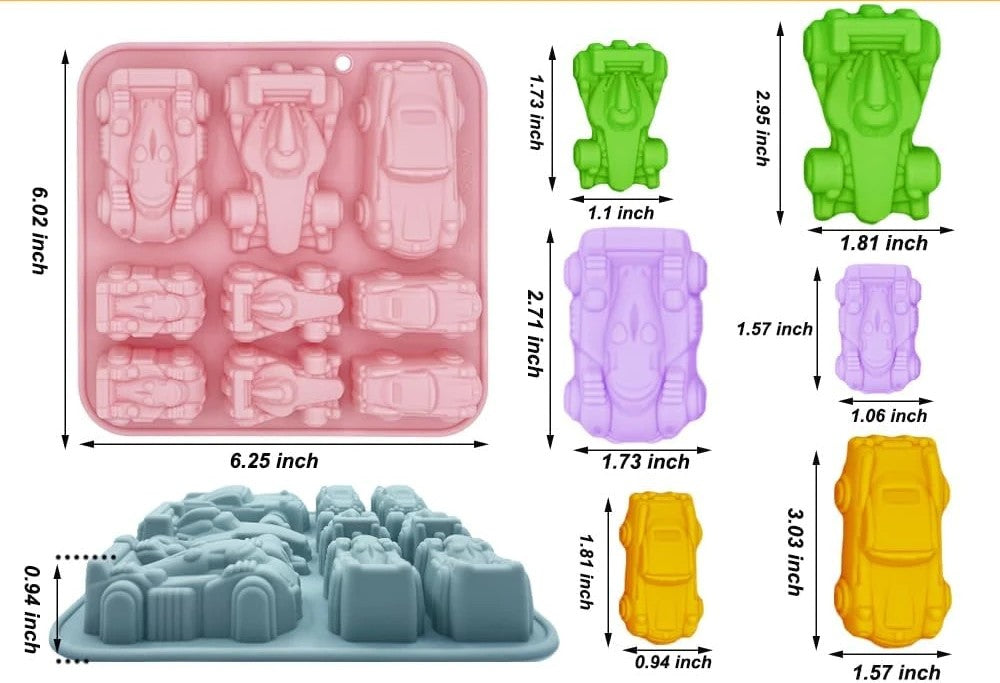 3D Silicone Car Molds — 9-Cavity Racing Car Chocolate & Ice Cube Tray